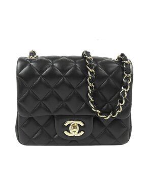Chanel Chain Shoulder Bag Black Gold Lambskin CC Logo Mini Quilted 17